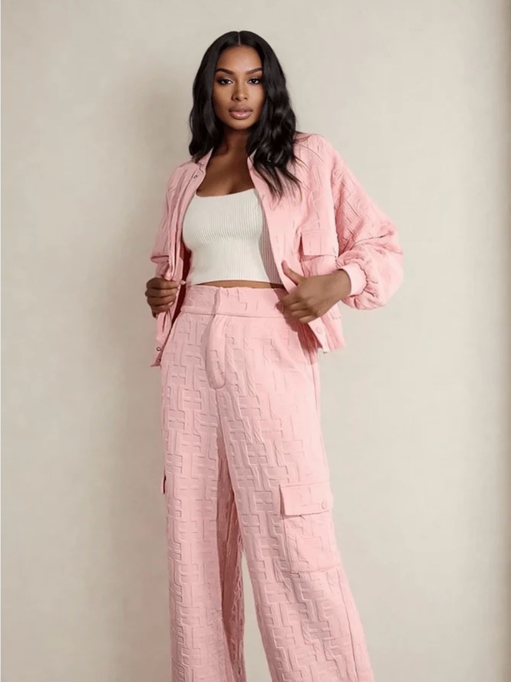 Textured Pink High-Waist Cargo Pants & Jacket